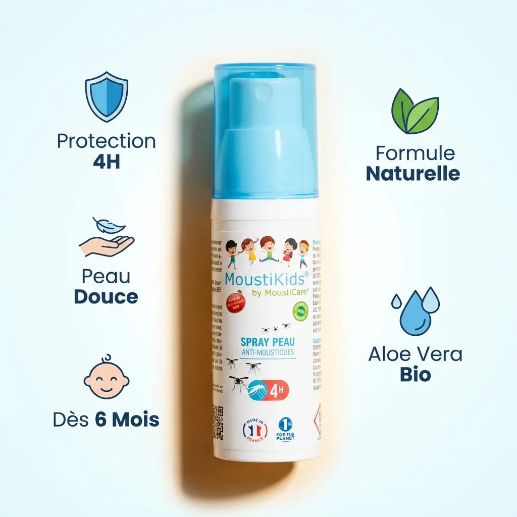 Spray anti-moustique Moustikids 30ml avec icônes bénéfices protection enfant et bébé dès 6 mois