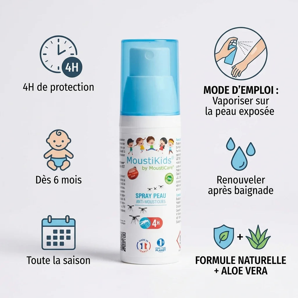 Spray anti-moustique Moustikids 30ml avec mode d'emploi, protection 4h dès 6 mois, formule naturelle