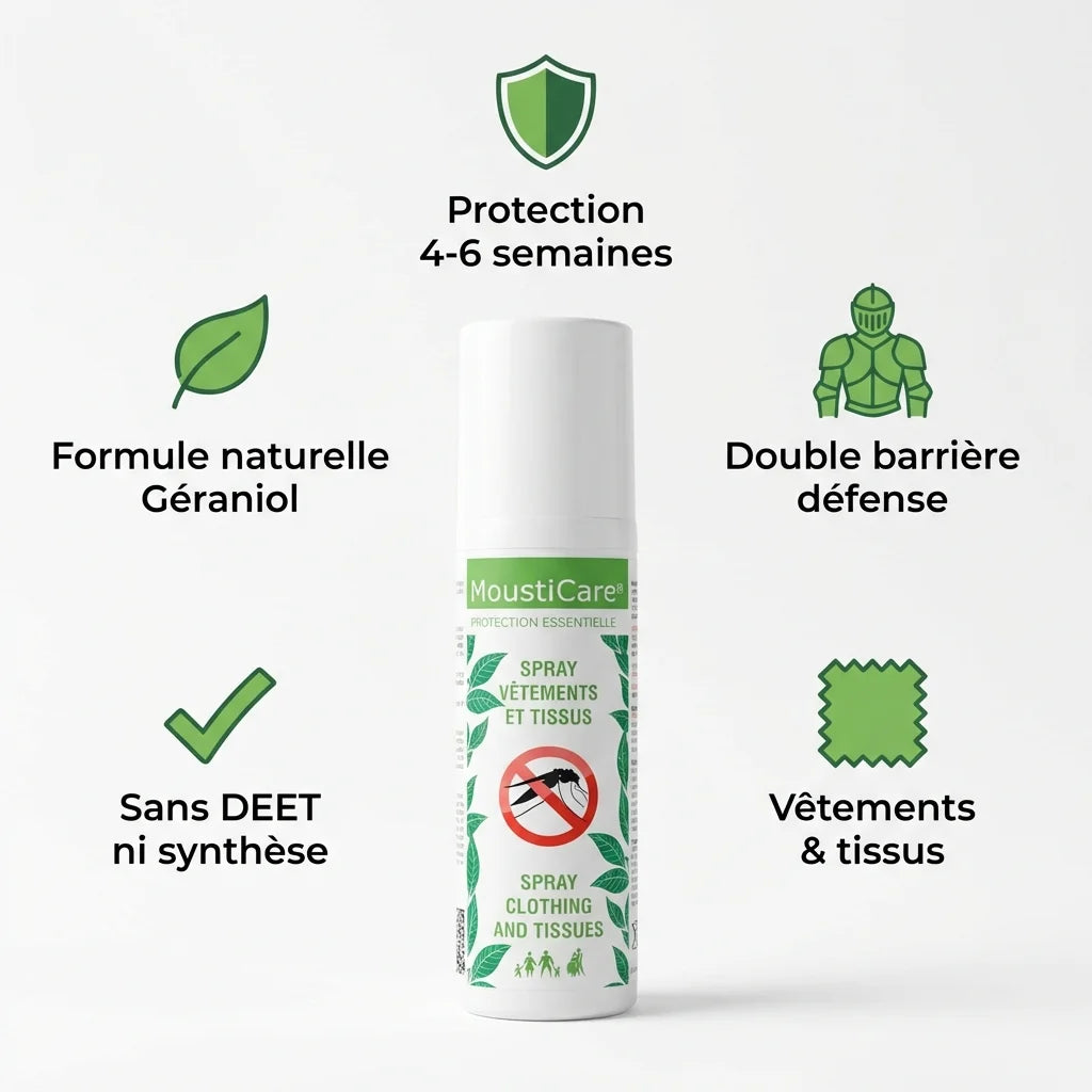 Spray anti-moustique MoustiCare 75ml avec bénéfices: protection 4-6 semaines, formule naturelle sans DEET