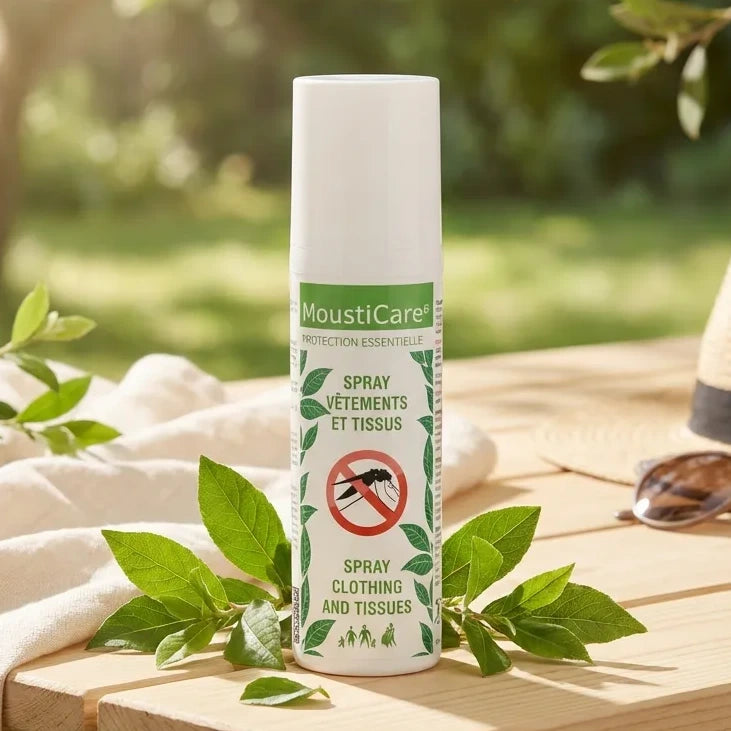 Spray anti-moustique MoustiCare 75ml sur table extérieure avec feuilles vertes et accessoires été