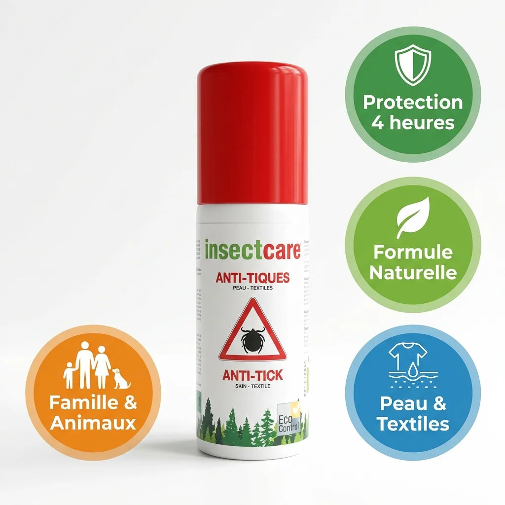 Spray anti-tiques Insectcare 50ml avec infographies bénéfices protection peau et textiles