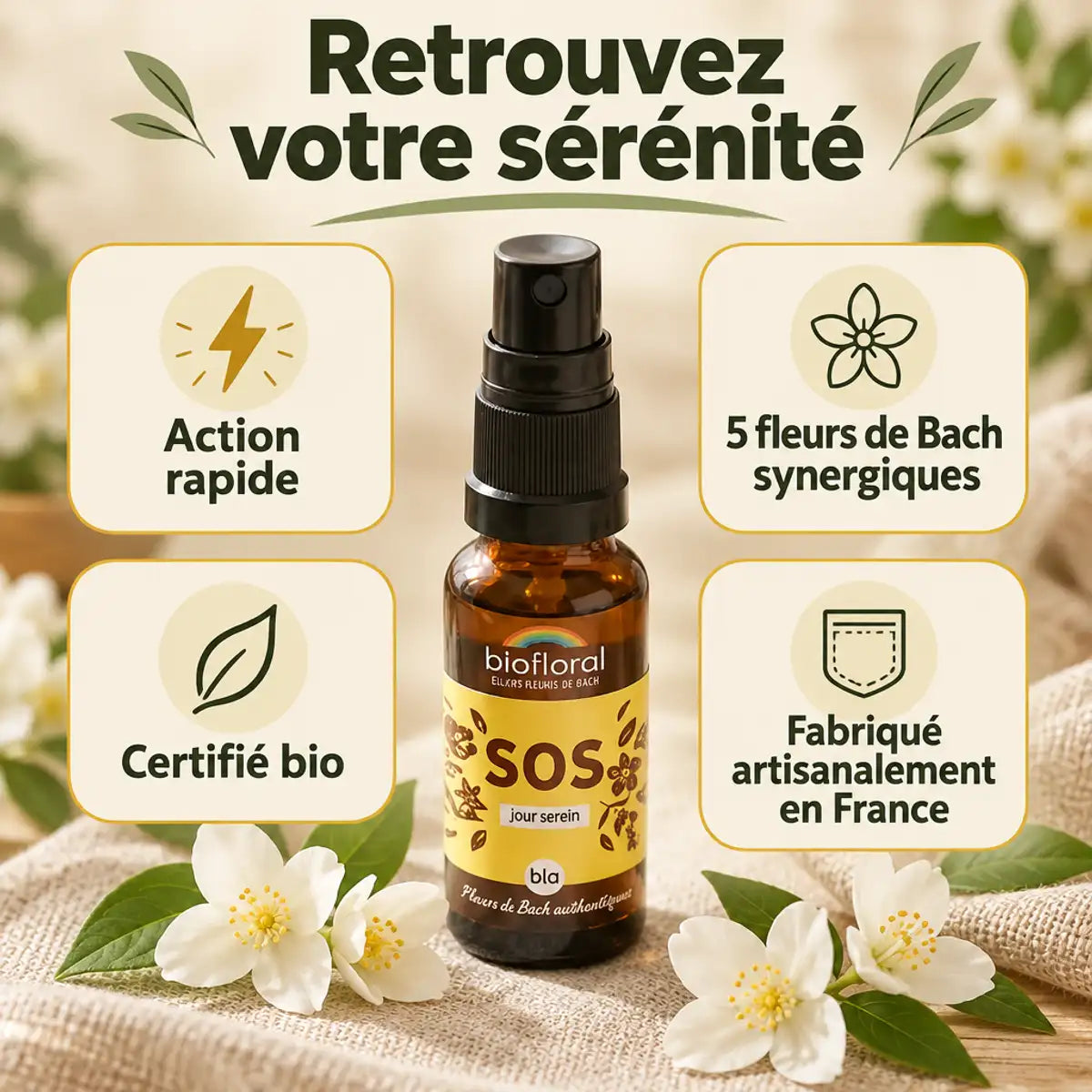 Spray bio SOS Jour Serein Biofloral aux 5 fleurs de Bach, flacon ambré sur lin beige, certifié bio et fabriqué en France