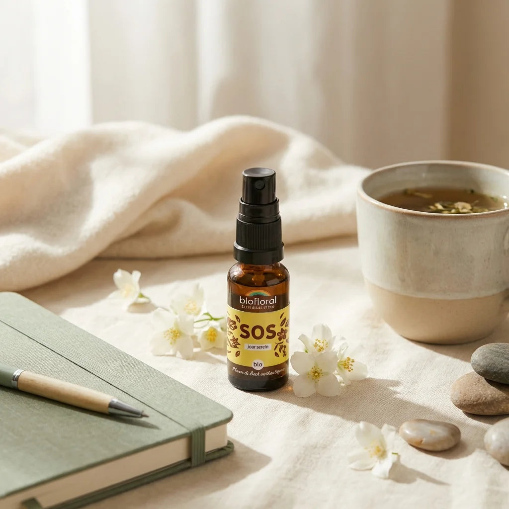 Spray Bio SOS Jour Serein Biofloral 20ml entouré de fleurs blanches et objets bien-être