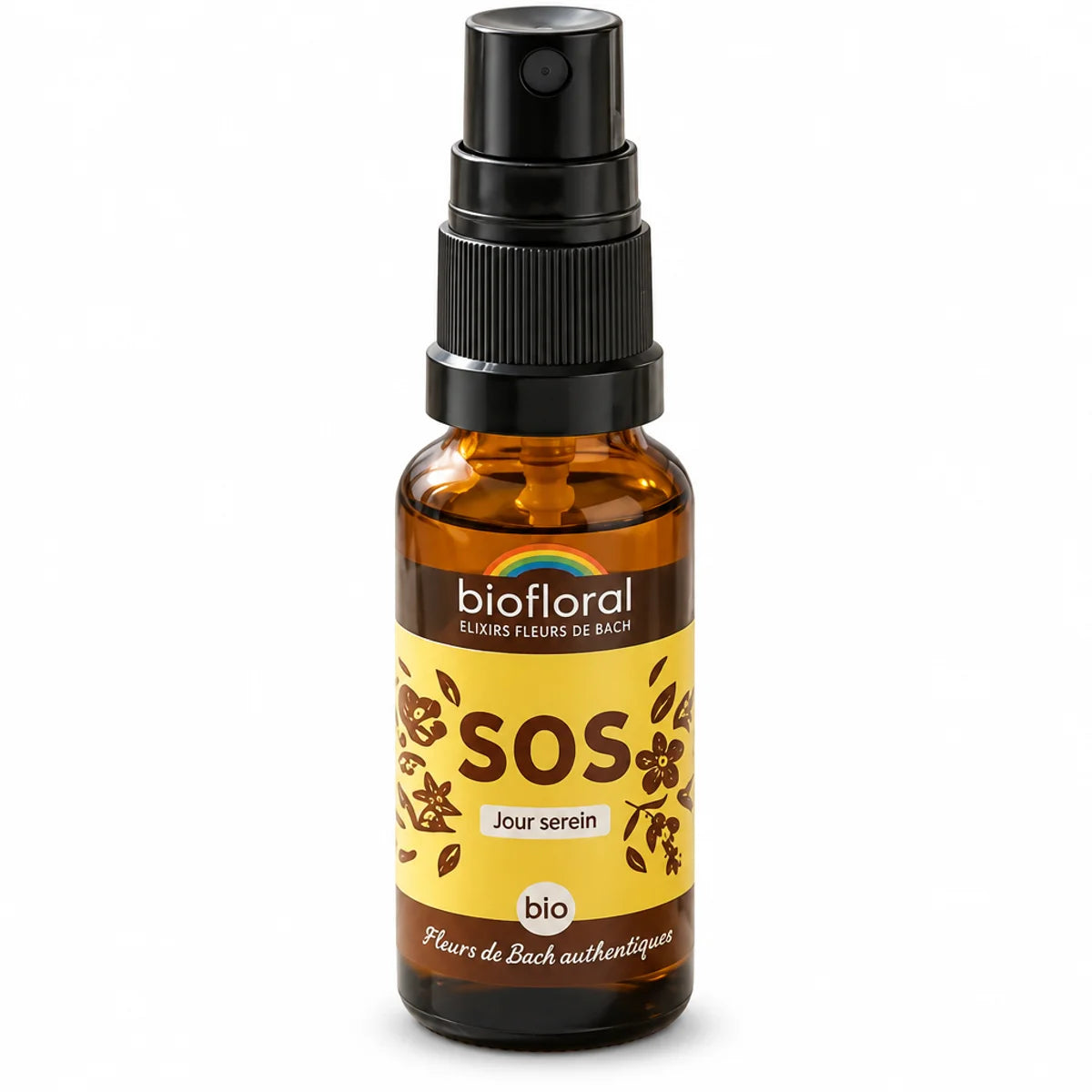 Spray Bio SOS Jour Serein Biofloral aux Fleurs de Bach, flacon ambre 20 ml à pompe noire sur fond blanc