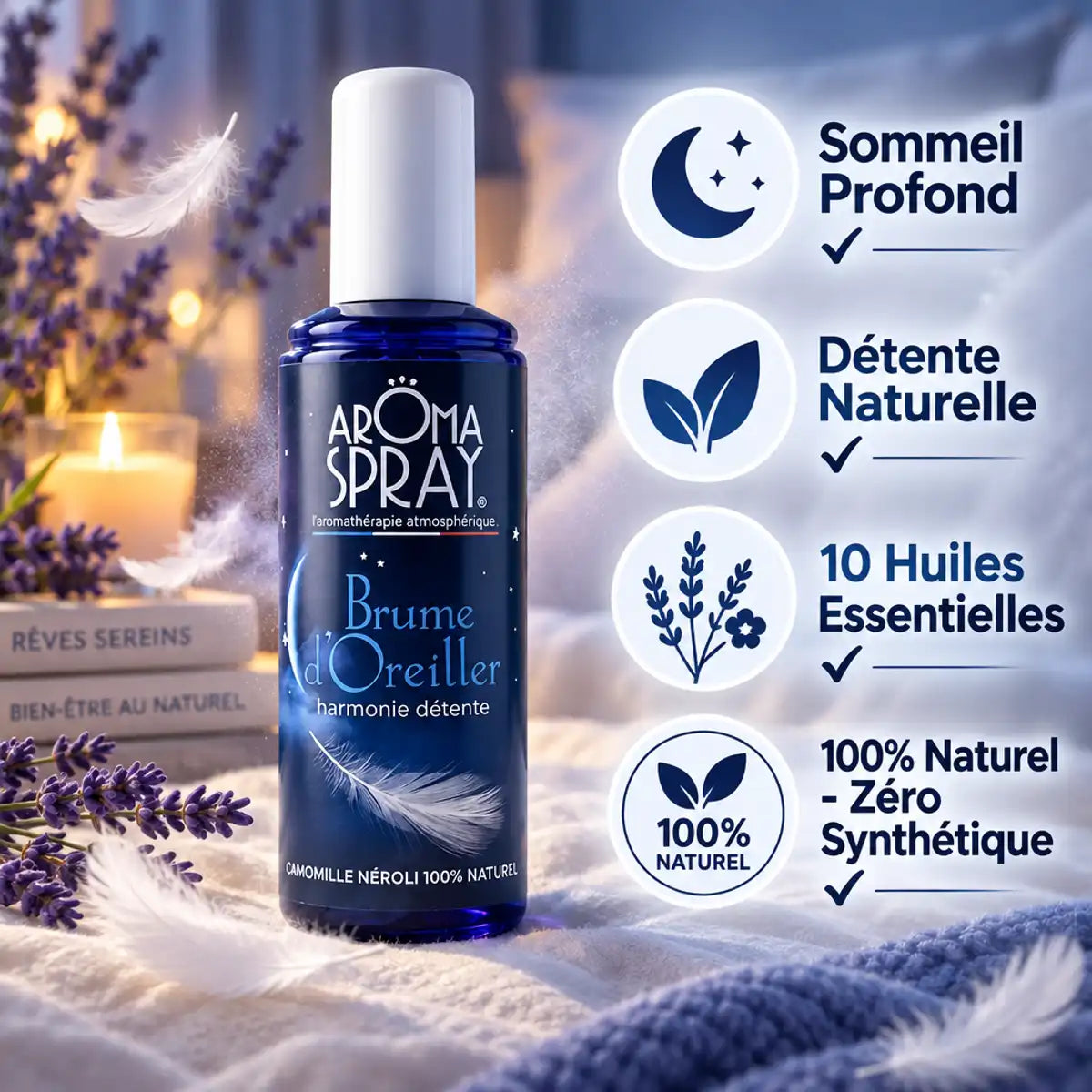 Spray Brume d'oreiller 100ml avec bénéfices sommeil profond, détente naturelle et 10 huiles essentielles