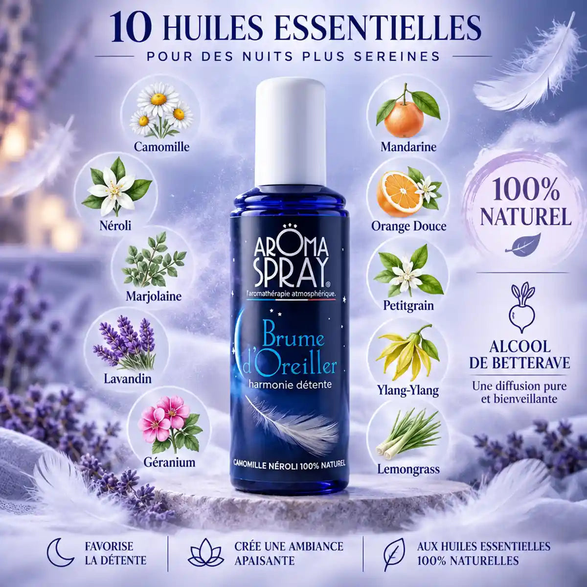 Spray brume d'oreiller Aromaspray 100ml avec 10 huiles essentielles naturelles pour sommeil relaxant