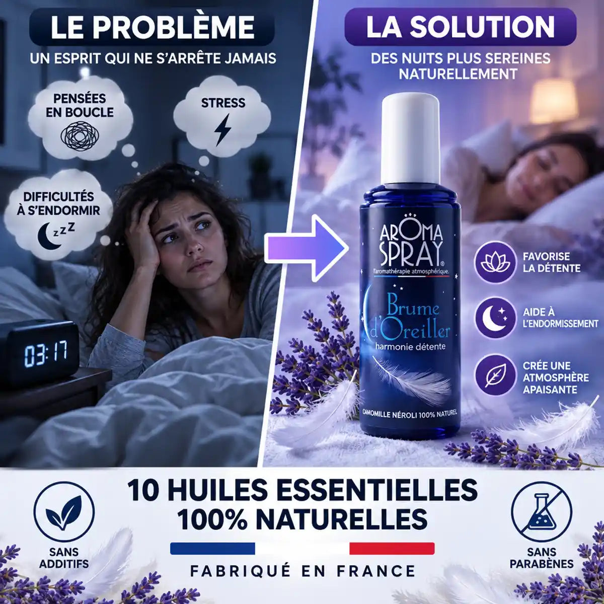 Spray brume d'oreiller Aromaspray 100ml avec huiles essentielles naturelles pour dormir paisiblement