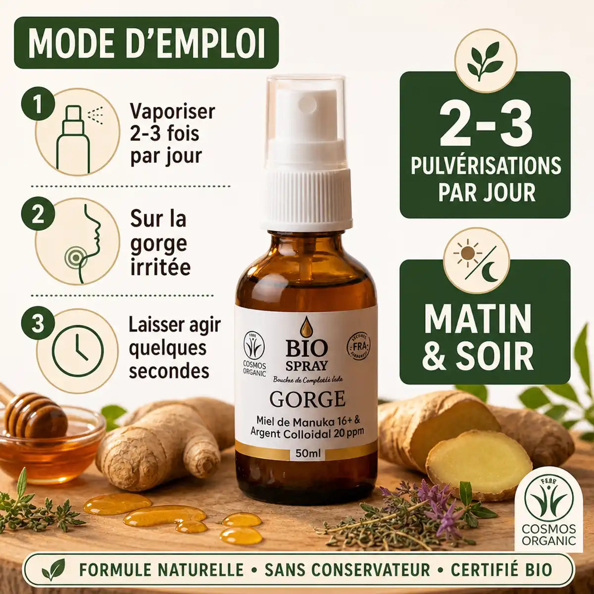 Spray Buccal Gorge Miel de Manuka & Argent Colloïdal Dr. Theiss avec mode d'emploi et ingrédients naturels