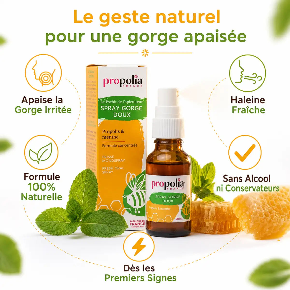 Spray buccal Propolia miel propolis menthe 20ml avec bénéfices gorge haleine naturelle