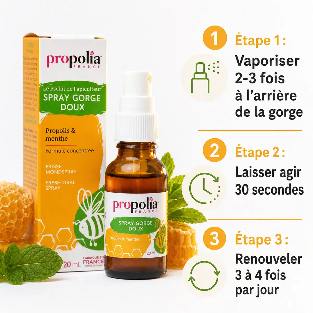 Spray buccal Propolia miel propolis menthe 20ml avec mode d'emploi - haleine et gorge
