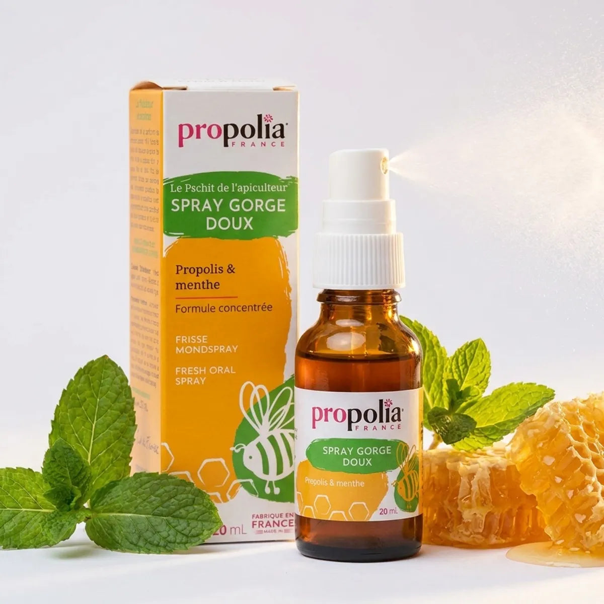 Spray buccal Propolia miel propolis menthe 20ml avec feuilles menthe fraîche et rayon miel