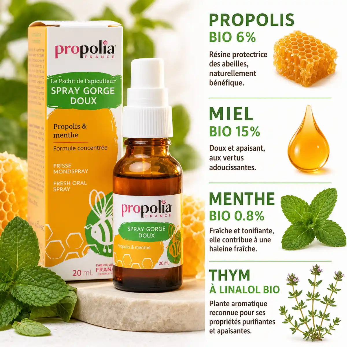 Spray buccal Propolia 20ml miel propolis menthe avec ingrédients bio affichés