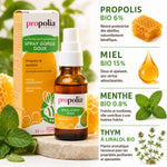 Spray buccal Propolia 20ml miel propolis menthe avec ingrédients bio affichés