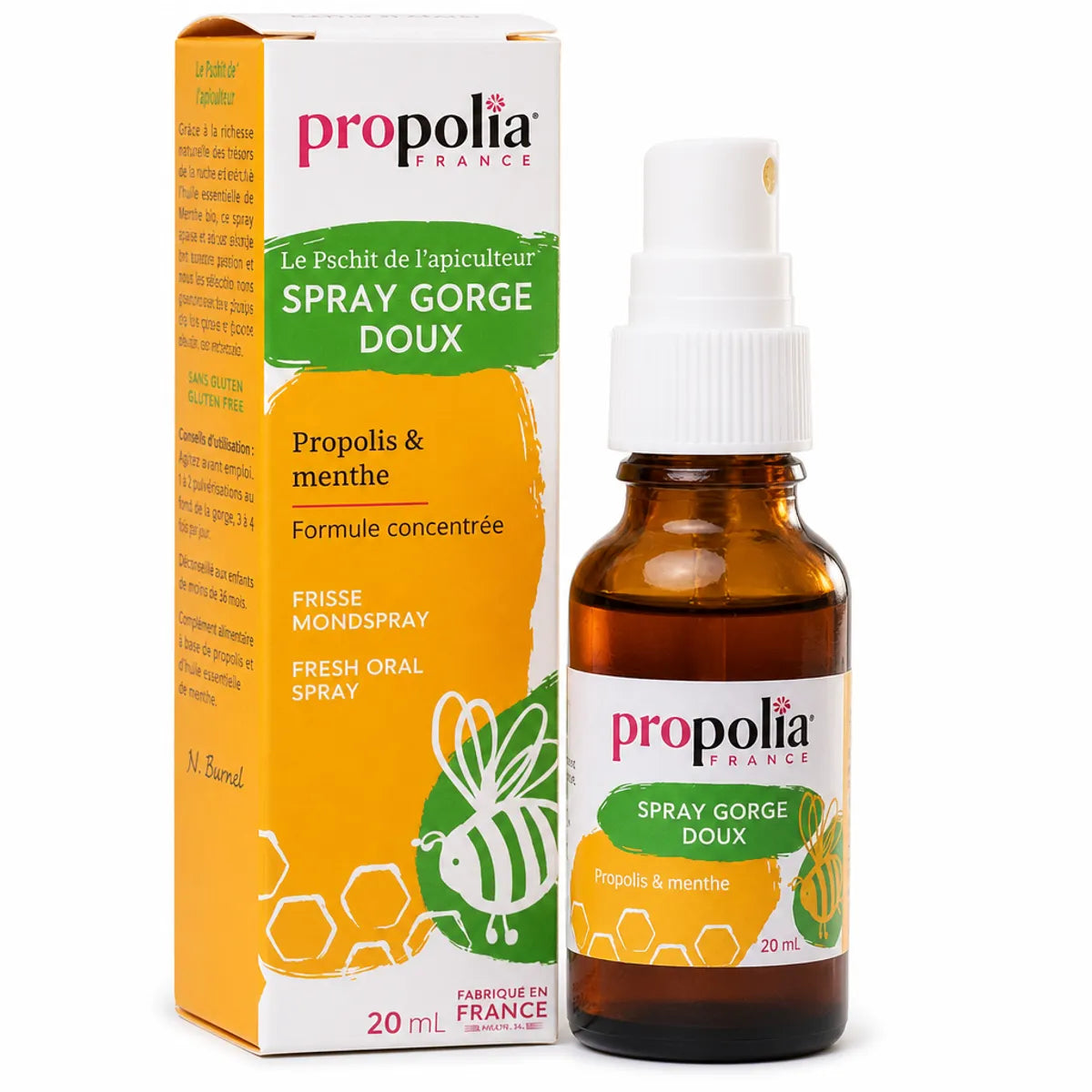 Spray buccal Propolia 20ml miel propolis menthe - Flacon verre ambré avec pompe