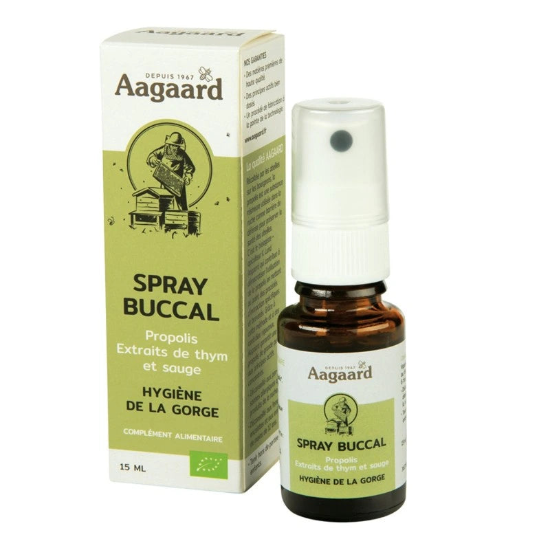 Un Spray buccal propolis bio 15 ml Aagaard avec son emballage carton