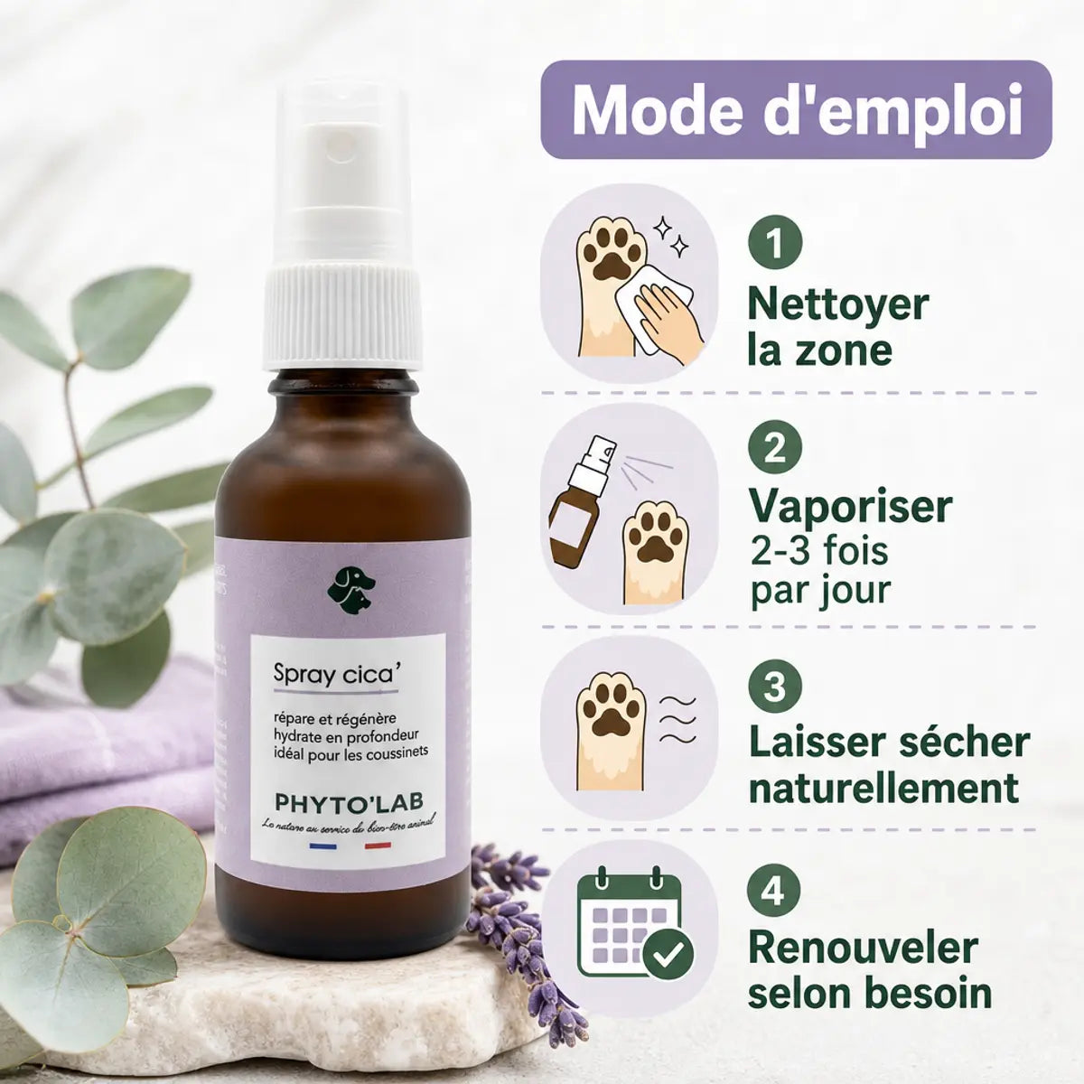 Spray Cica' Phyto'Lab 30ml avec guide d'utilisation pour traiter coussinets et plaies naturellement