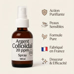Spray argent colloïdal Dr.Theiss 20ppm 100ml avec infographie des bénéfits pour peaux sensibles