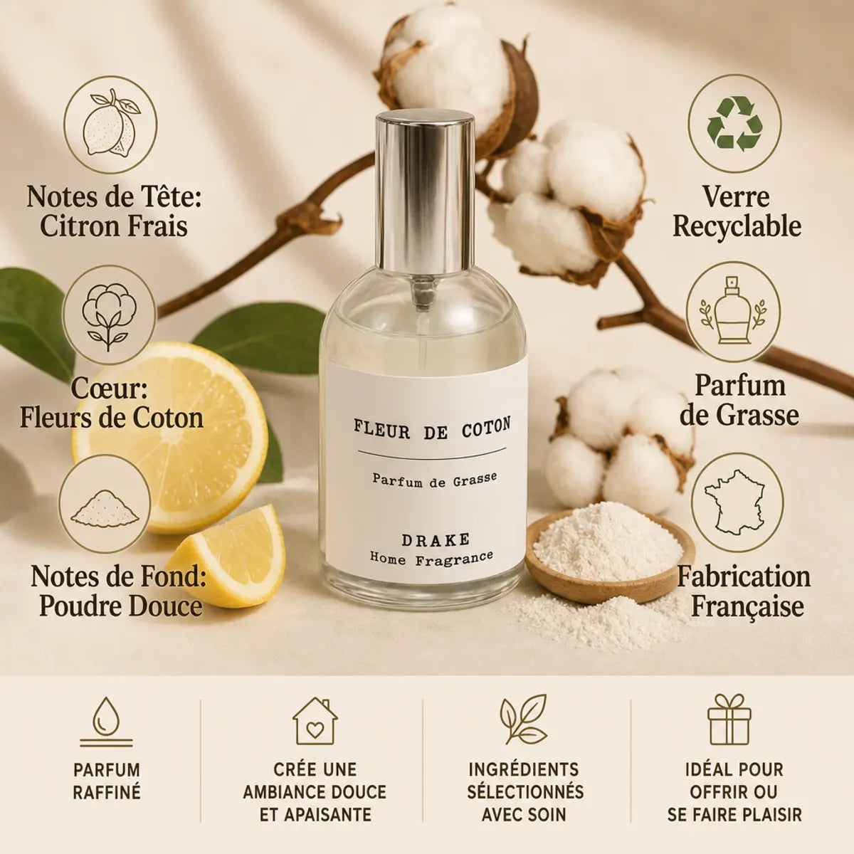 Spray Fleur de Coton Drake 100ml avec notes de citron, fleurs de coton et poudre douce, parfum de Grasse français