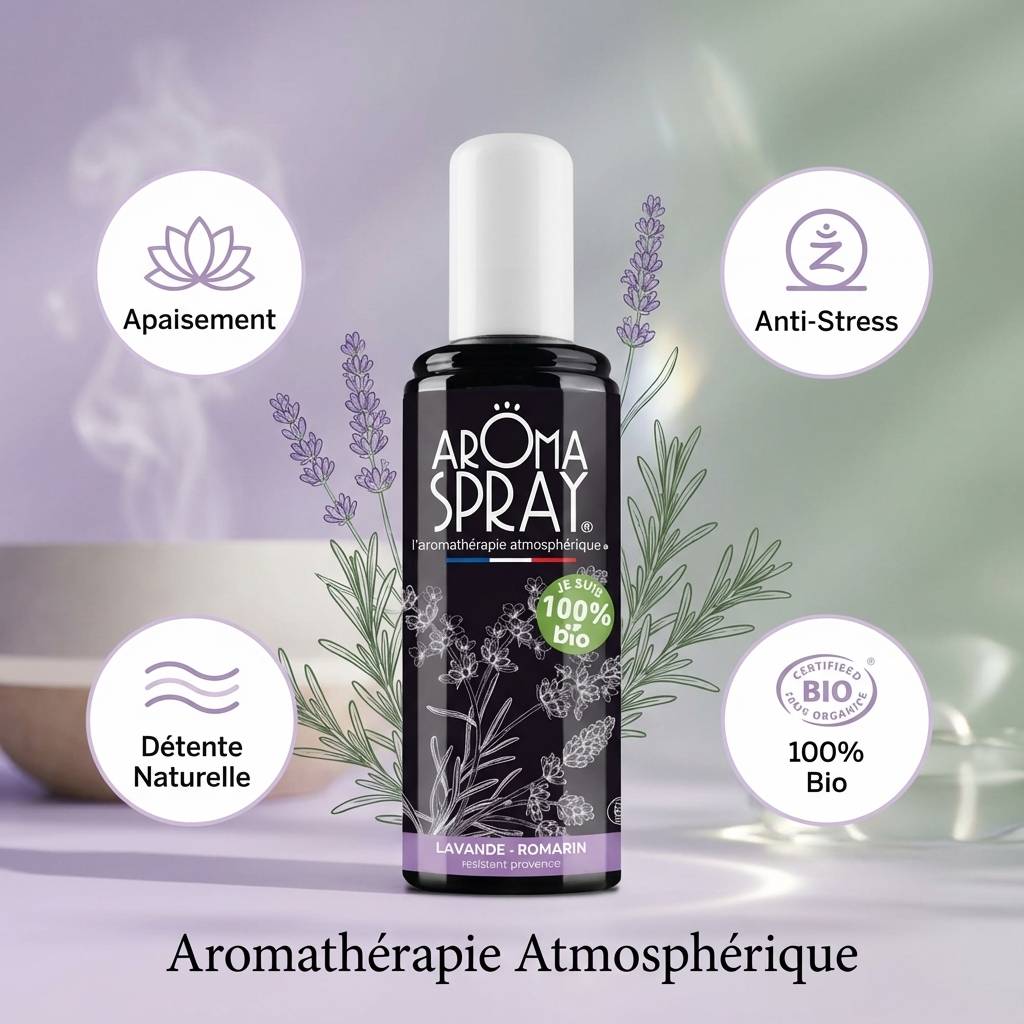 Spray d'atmosphère Lavande Romarin Bio 100ml avec icônes bien-être et illustrations botaniques