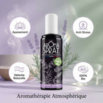 Spray d'atmosphère Lavande Romarin Bio 100ml avec icônes bien-être et illustrations botaniques