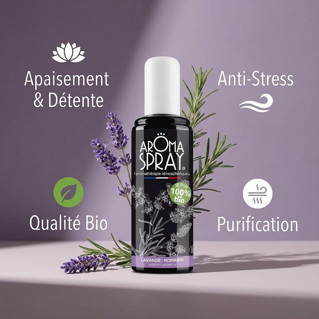 Spray d'atmosphère Lavande Romarin Bio 100ml avec bénéfices apaisement, anti-stress et purification