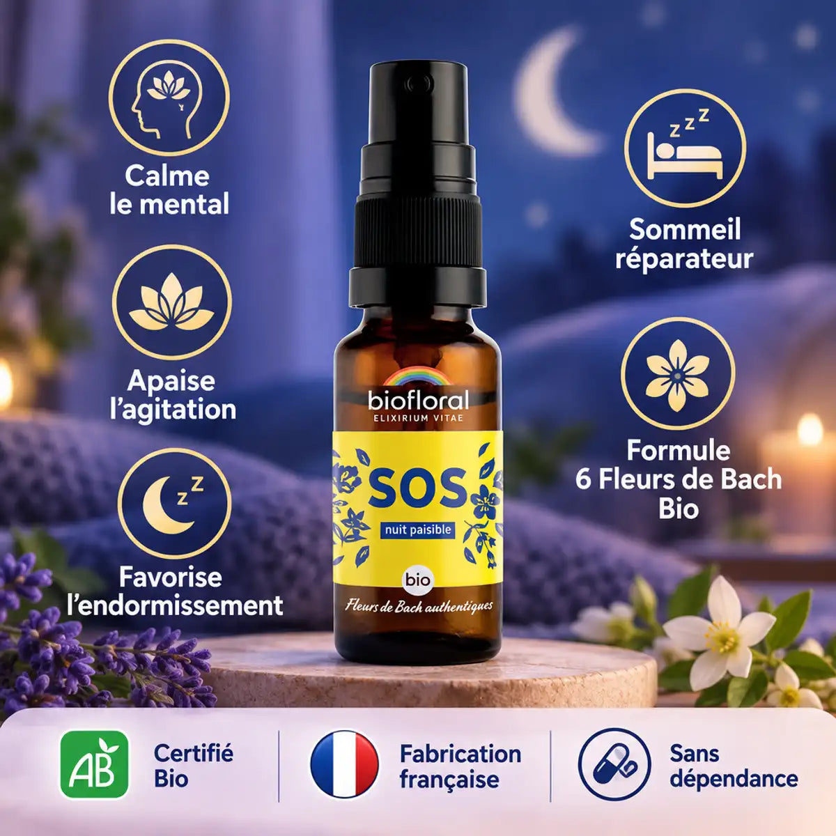 Spray Fleurs de Bach SOS Secours Nuit bio 20ml Biofloral pour sommeil réparateur et calme