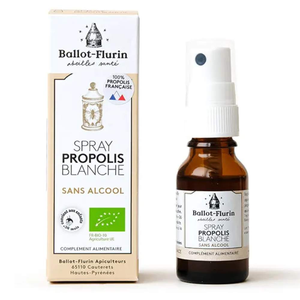 Un spray de propolis bio sans alcool de 15 ml de la marque Ballot‑Flurin