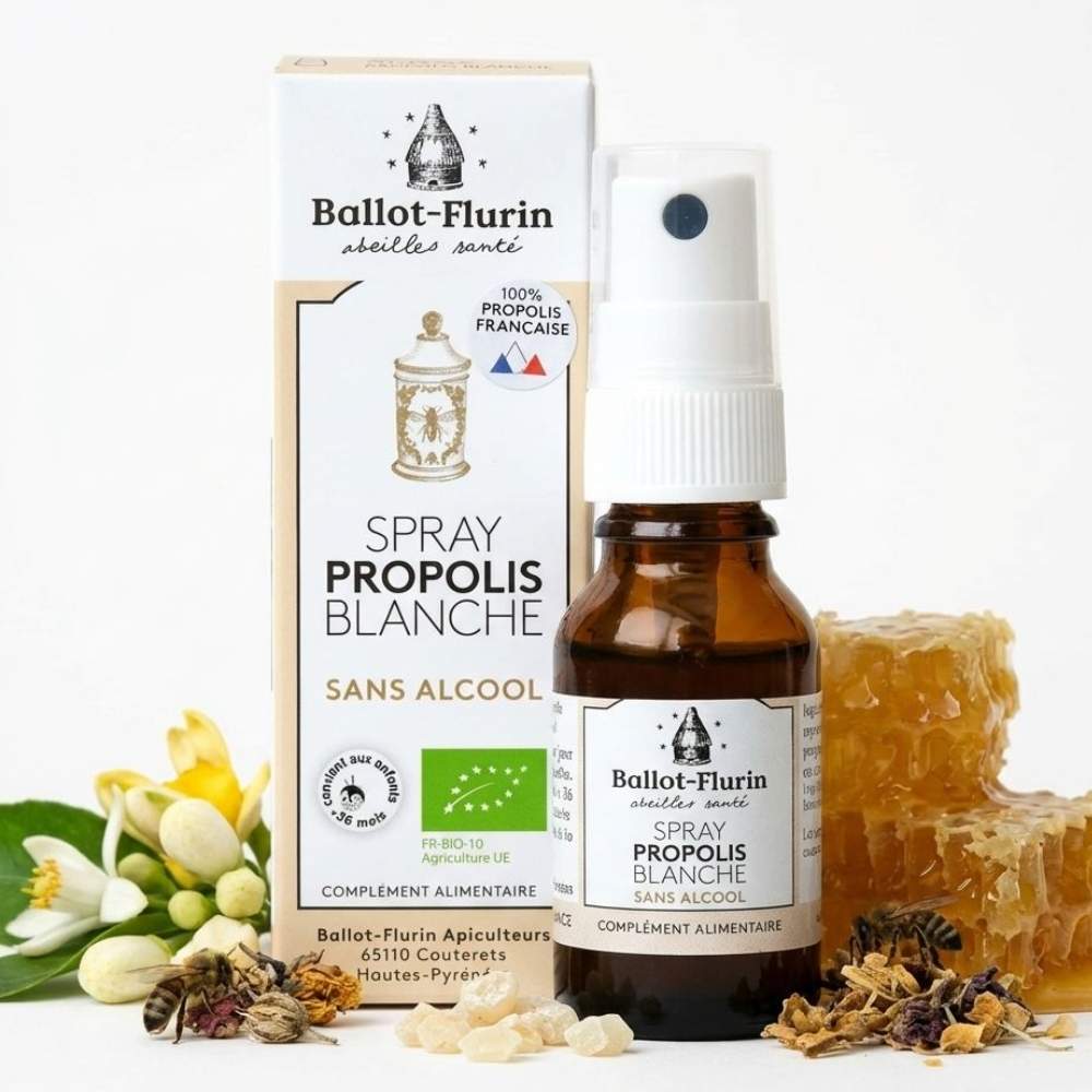 Un spray de propolis bio sans alcool de 15 ml de la marque Ballot‑Flurin