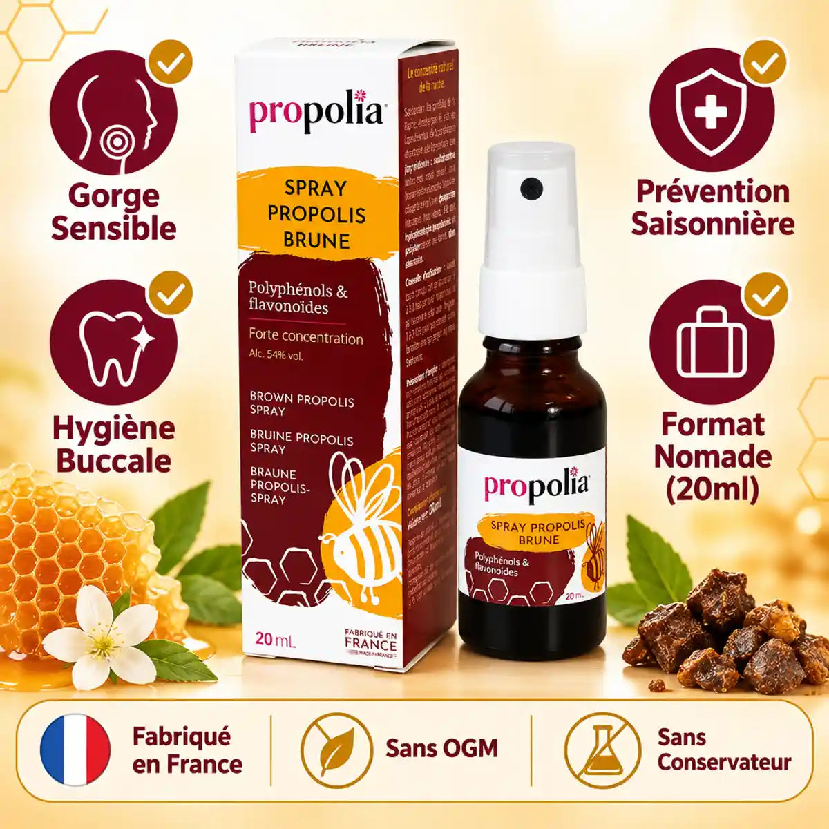 Spray propolis brune Propolia 20ml - Gorge sensible, hygiène buccale, fabriqué France