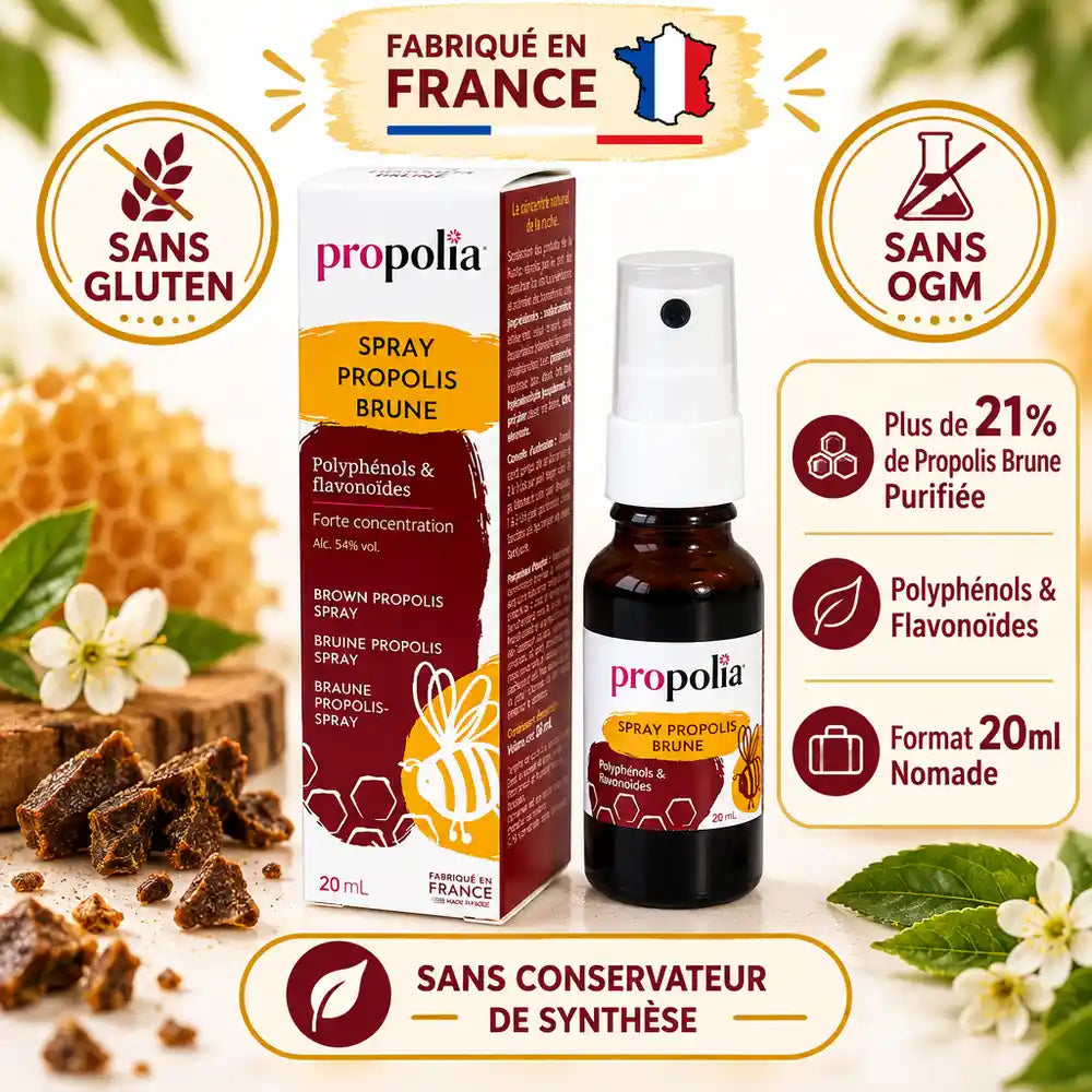 Spray propolis brune Propolia 20ml, fabriqué en France, sans gluten ni conservateurs synthétiques