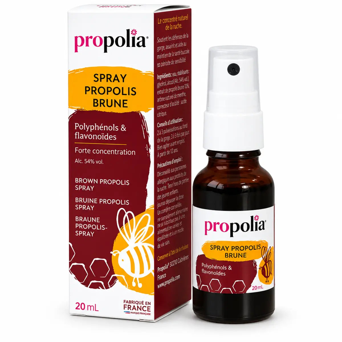 Spray de propolis brune Propolia 20ml en flacon verre ambré avec pompe blanche