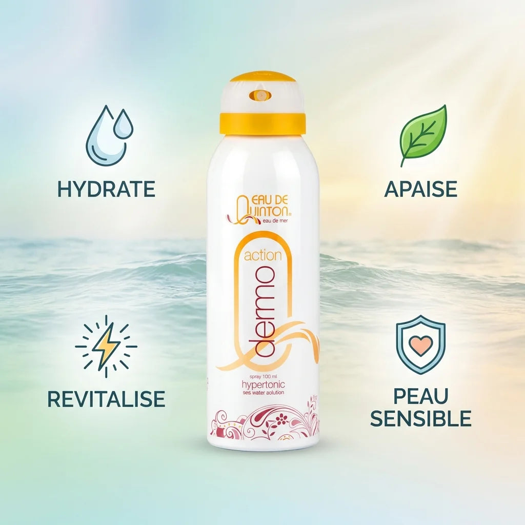 Spray Dermo Action Quinton 100ml avec icônes hydrate, apaise, revitalise pour peau sensible
