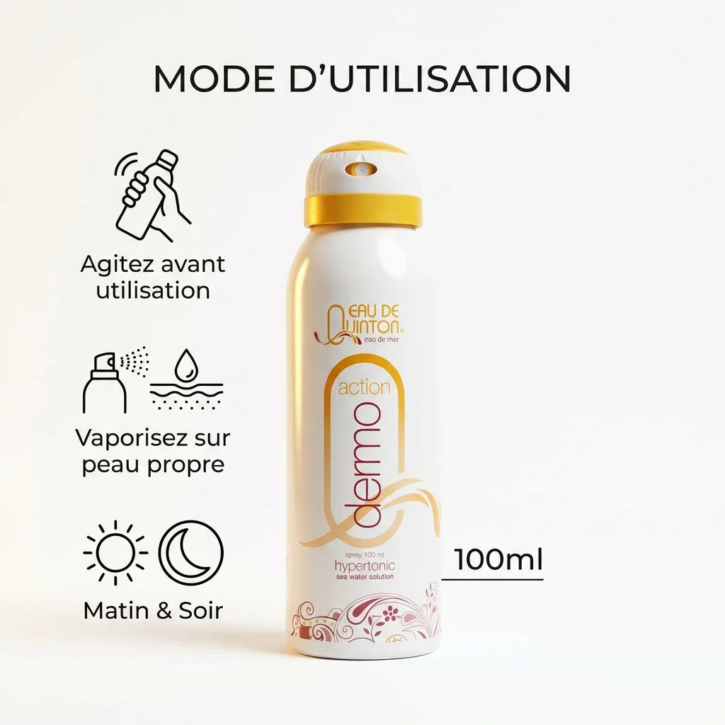 Spray Dermo Action Quinton 100ml avec mode d'utilisation, hydratation et revitalisation de la peau