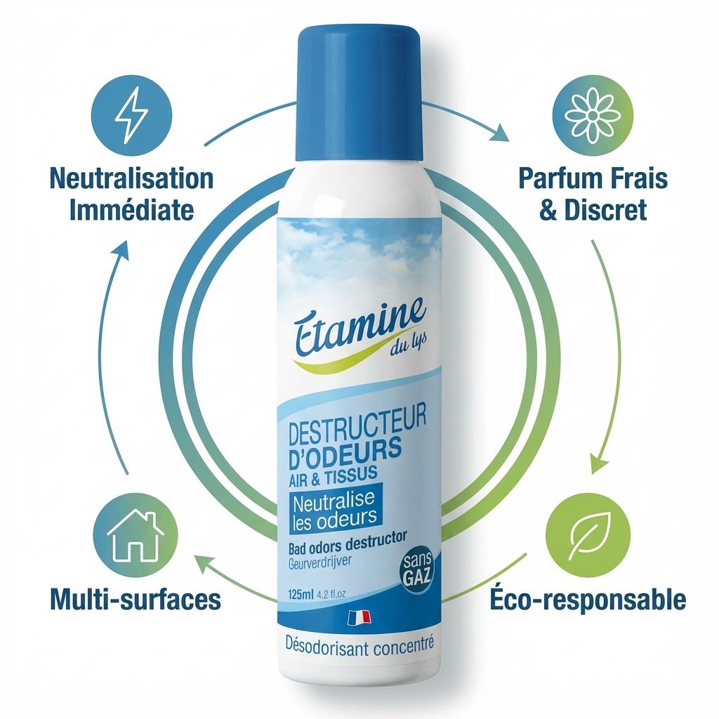 Spray Destructeur d'Odeurs 125ml Etamine du Lys avec 4 bénéfices : neutralisation, parfum frais, multi-surfaces, éco-responsable