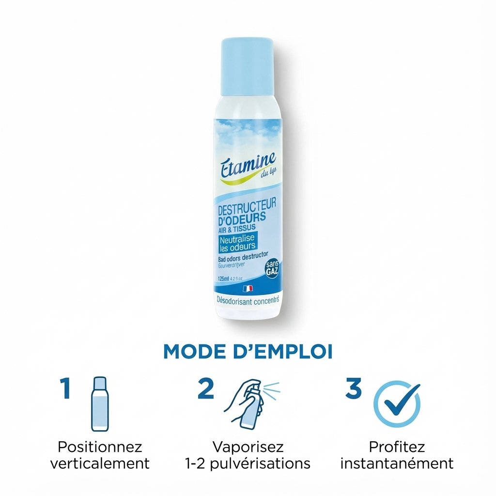 Spray Etamine du Lys 125ml destructeur d'odeurs avec mode d'emploi infographique en 3 étapes