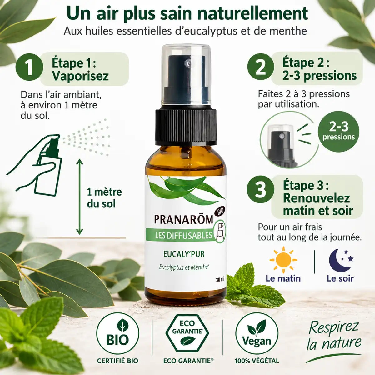 Spray Eucaly'pur Bio 30ml Pranarom eucalyptus menthe avec guide utilisation et certifications