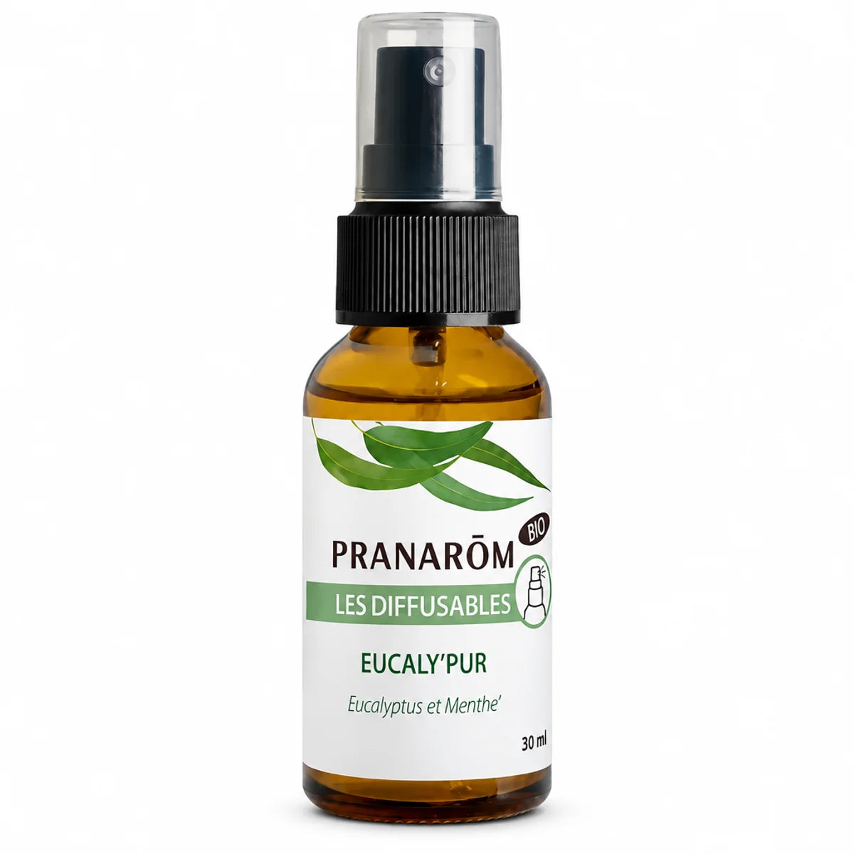 Spray Eucaly'pur Bio 30ml Pranarom - Flacon verre ambré avec pompe noire sur fond blanc