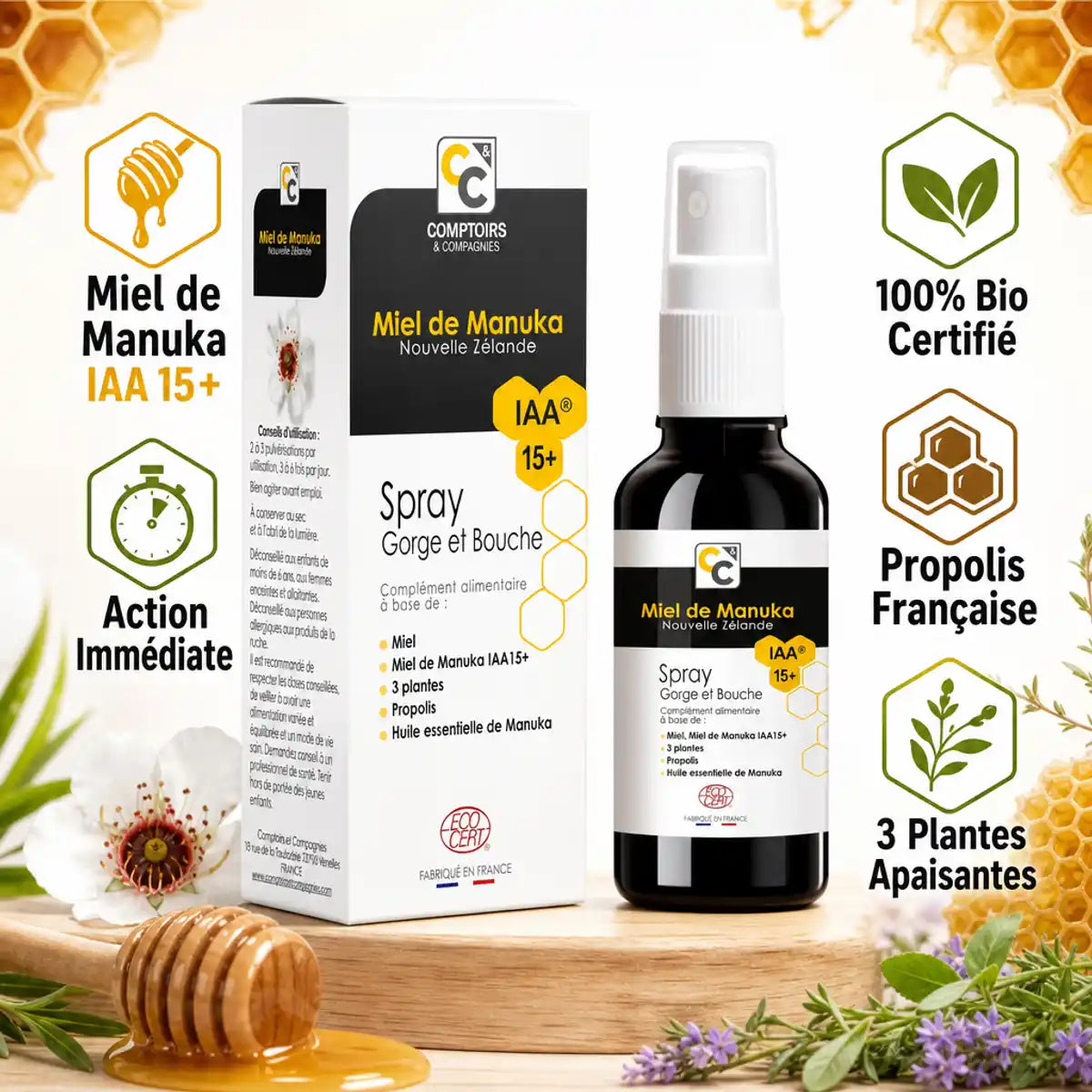 Spray Gorge Miel de Manuka Bio IAA 15+ Comptoirs Compagnies 25ml avec bénéfices