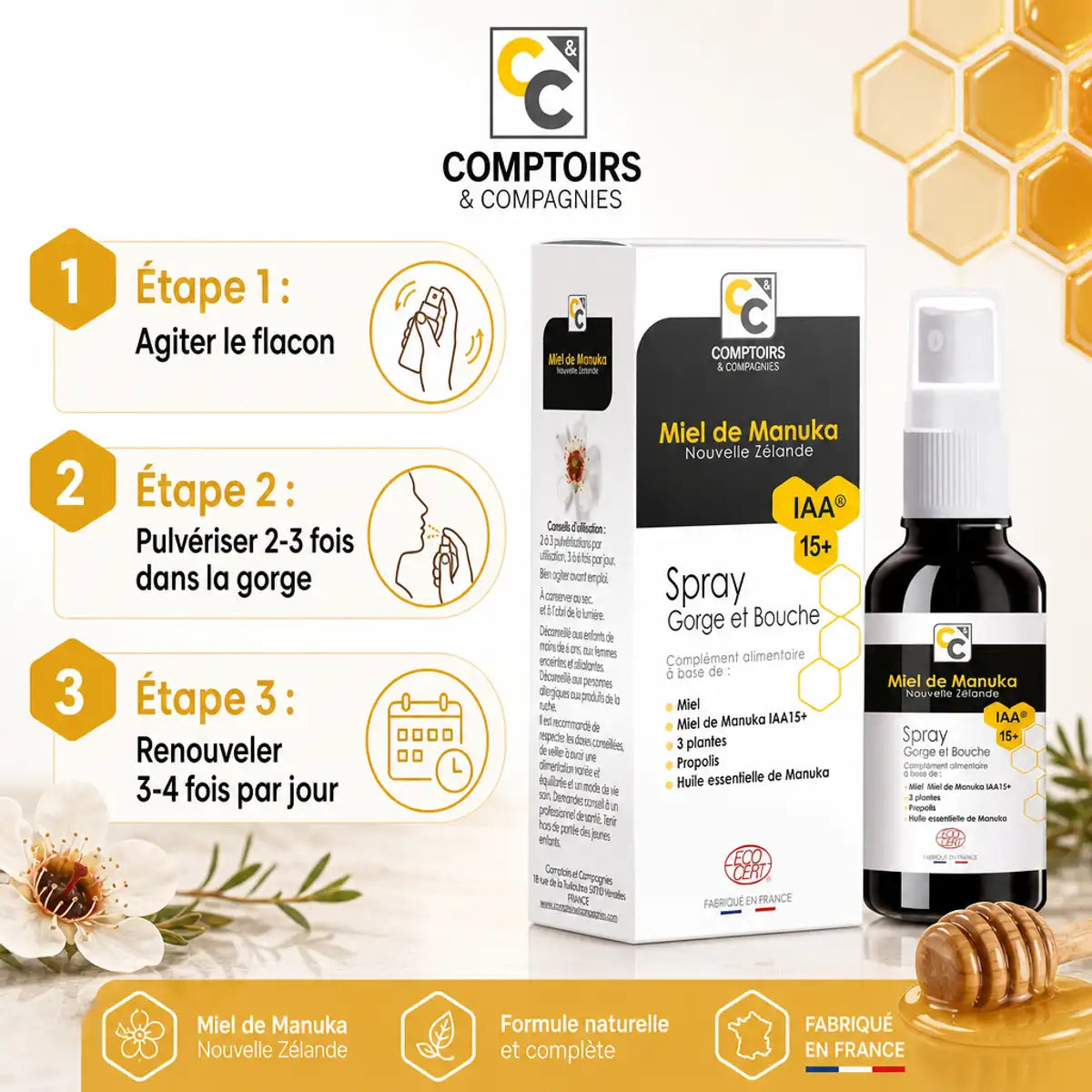 Spray gorge miel de Manuka IAA 15+ Comptoirs et compagnies avec mode d'emploi 3 étapes