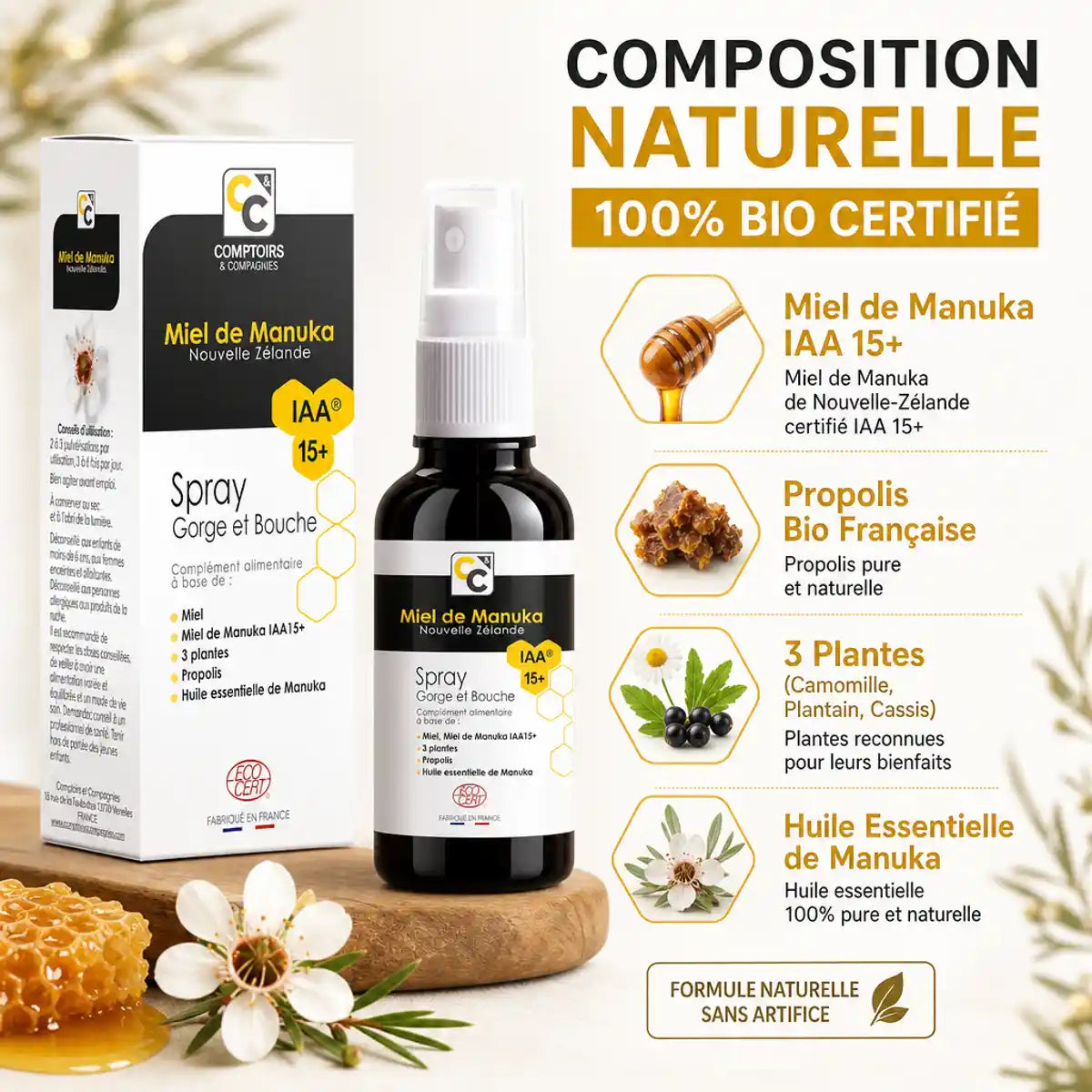 Spray gorge miel de Manuka IAA 15+ bio Comptoirs Compagnies 25ml avec composition naturelle