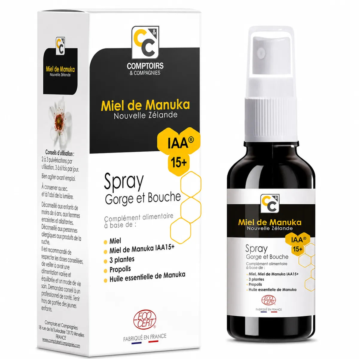 Spray gorge miel de Manuka bio IAA 15+ 25ml Comptoirs et compagnies flacon noir