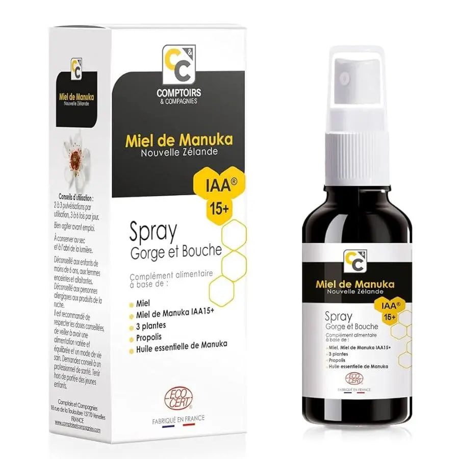 Un spray gorge & bouche de 25 ml de la marque Comptoirs et compagnies posé à côté de son emballage carton, vue de face