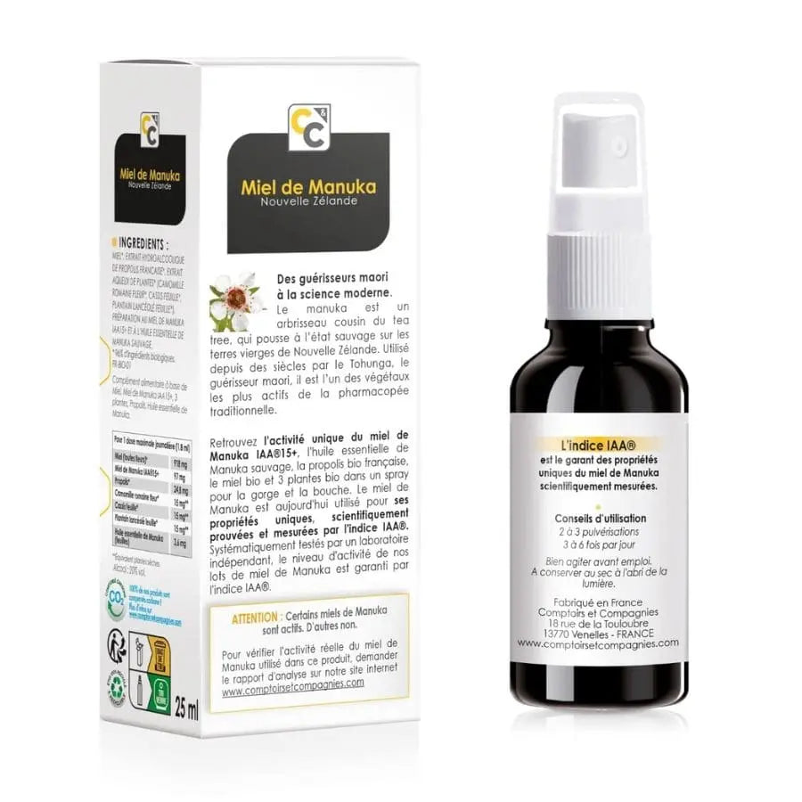 Un spray gorge & bouche de 25 ml de la marque Comptoirs et compagnies posé à côté de son emballage carton, vue de dos