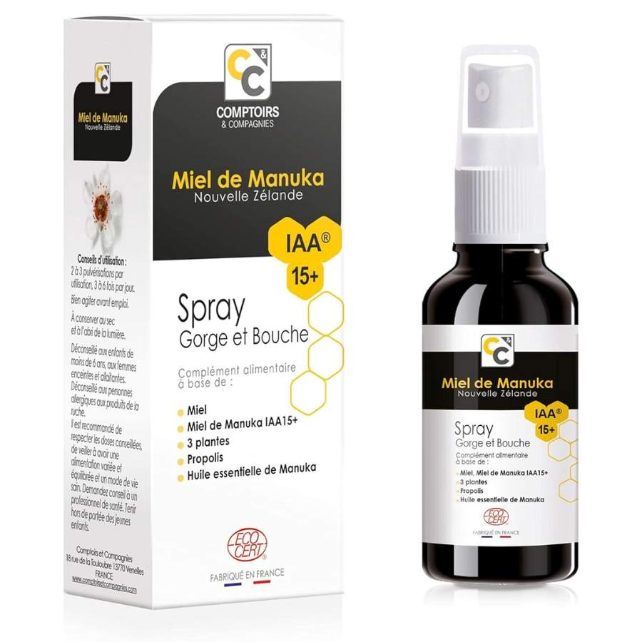 Le recto d'un spray gorge et bouche au miel de Manuka Bio IAA 15+ de 25 ml de la marque Comptoirs et compagnies