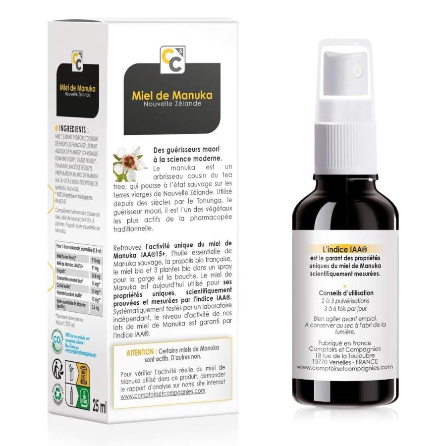 Le verso d'un spray gorge et bouche au miel de Manuka Bio IAA 15+ de 25 ml de la marque Comptoirs et compagnies