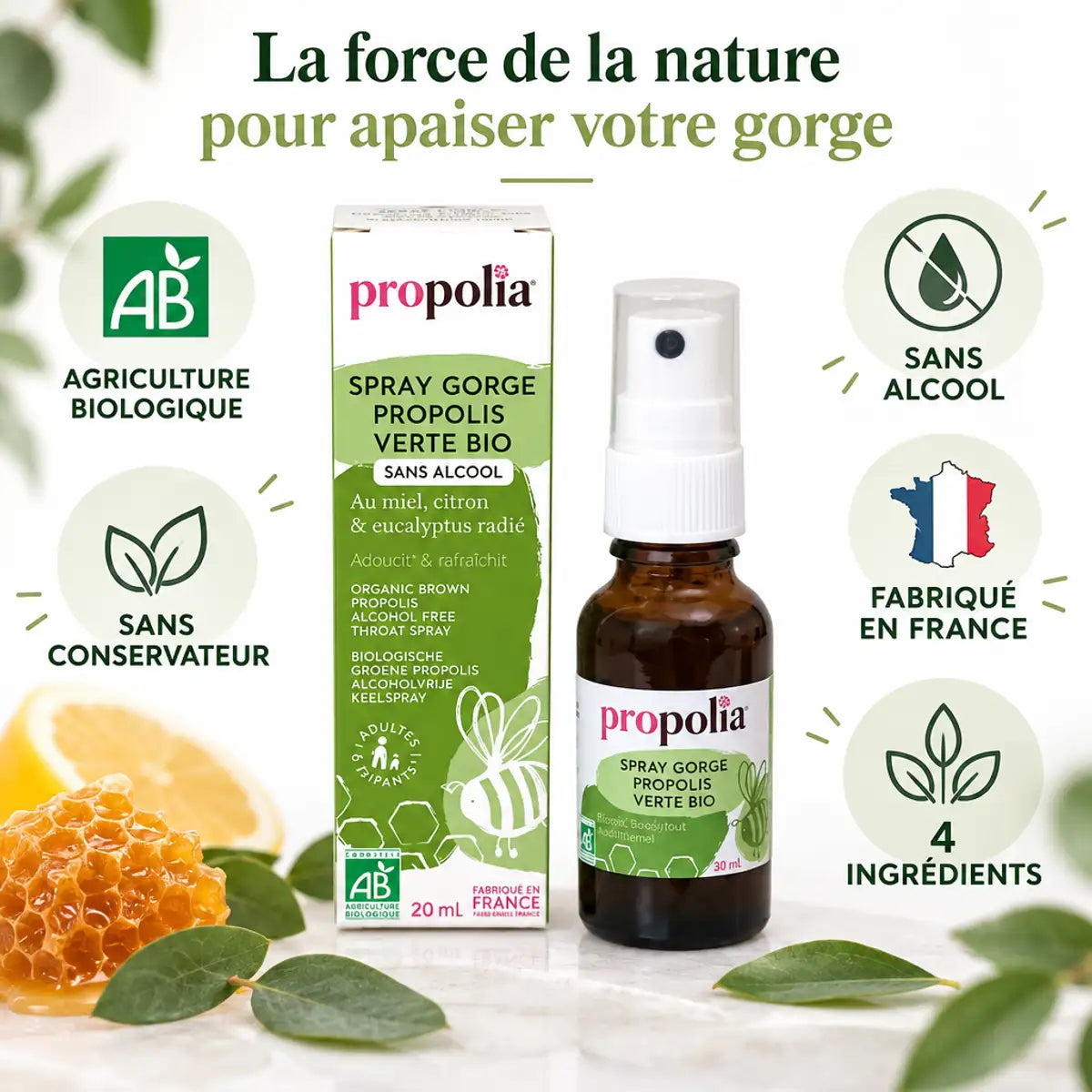 Spray gorge propolis verte bio sans alcool Propolia sur fond blanc avec certifications