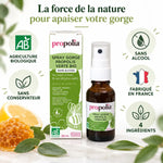 Spray gorge propolis verte bio sans alcool Propolia sur fond blanc avec certifications