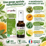 Spray gorge propolis verte bio sans alcool Propolia avec ingrédients naturels et certifications France