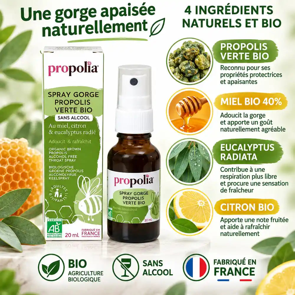 Spray gorge propolis verte bio sans alcool Propolia avec ingrédients naturels et certifications France