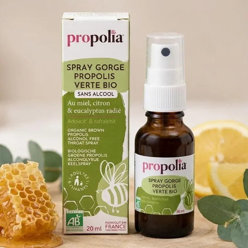Spray gorge propolis verte bio Propolia sans alcool avec rayon miel et eucalyptus